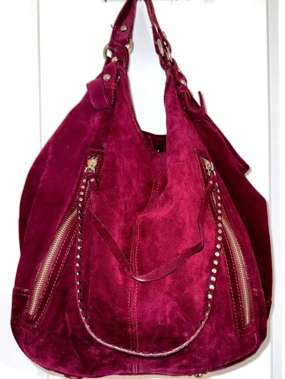 Via Repubblica Large Burgundy Suede Hobo Bag Studded Zip Pocket Shoulder Purse